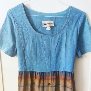 Denim plaid midi tie back dress